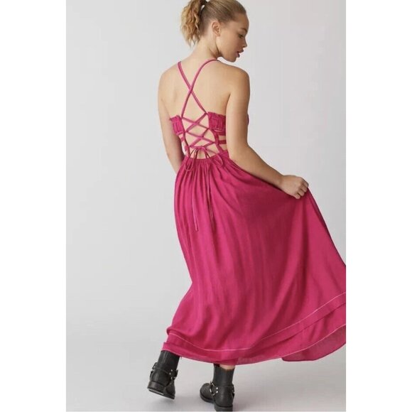 Urban Outfitters Cora Pink Linen Open Back Midi Open Back Dress Size Small - Picture 2 of 7